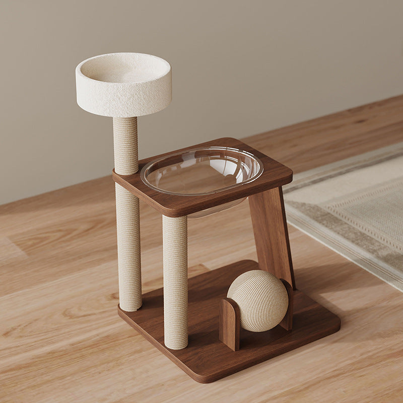 Contemporary Scandinavian Round Rubberwood Cat Tree – Solid Wood with Acrylic Details, Multi-Functional for Living Room