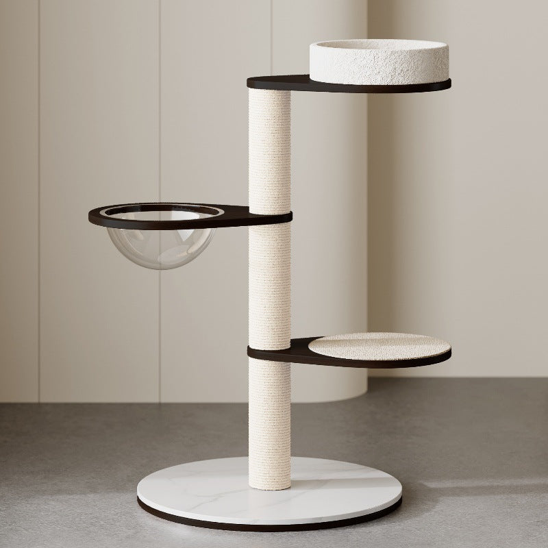 Contemporary Scandinavian Round Solid Wood Cat Tree with Multi-Layer Panels and Pine Stone Slab – Multi-Functional Living Room Design
