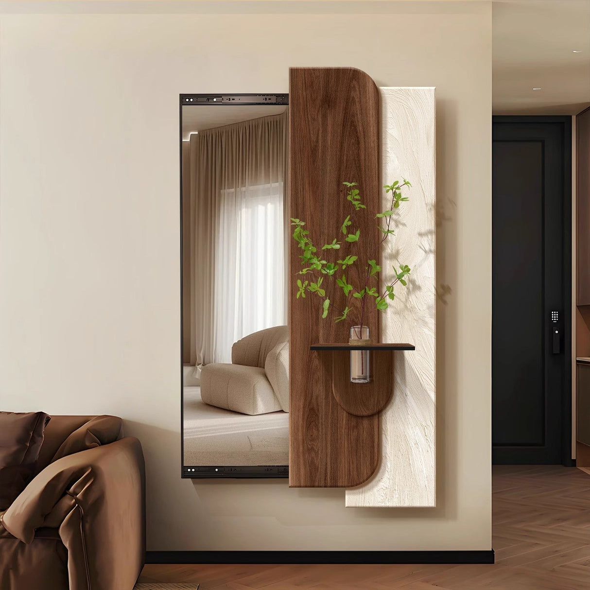 Modern Art Deco Rectangular Full-Length Mirror with Glass Accent – Natural Elements Frame for Entryways