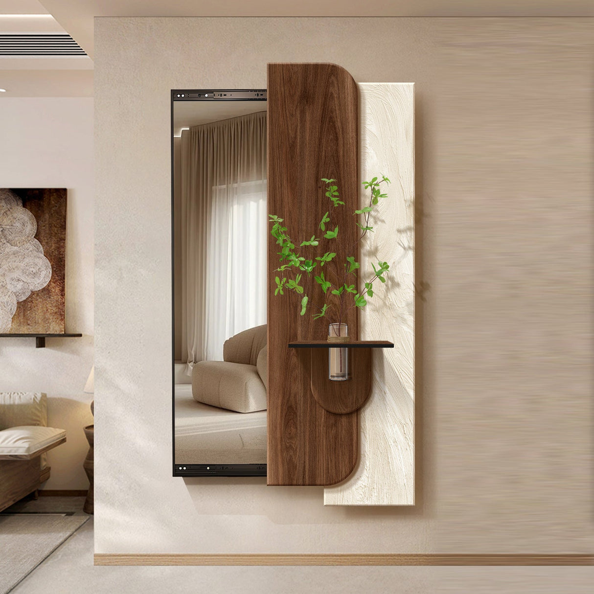 Modern Art Deco Rectangular Full-Length Mirror with Glass Accent – Natural Elements Frame for Entryways
