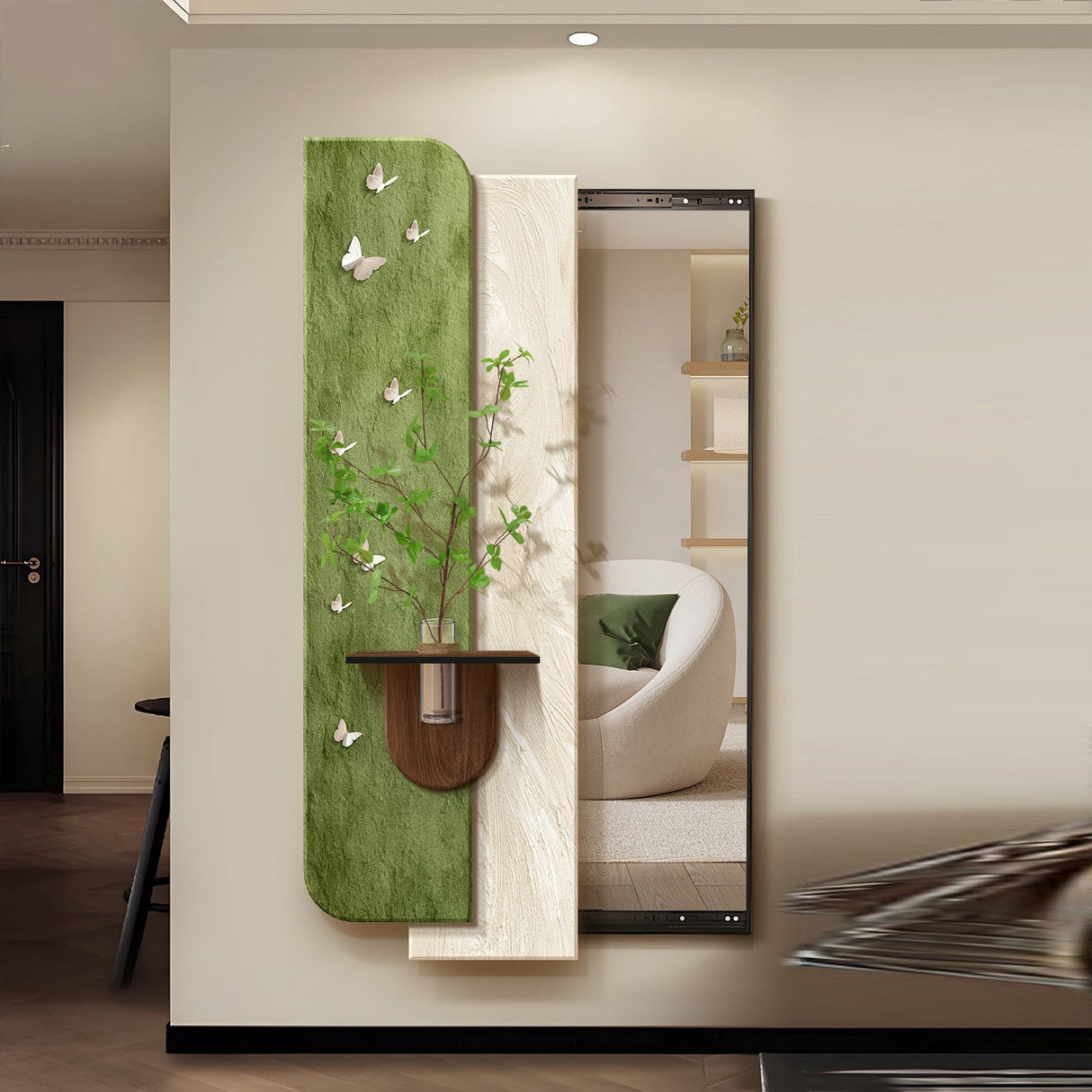 Modern Art Deco Rectangular Full-Length Mirror with Glass Accent – Natural Elements Frame for Entryways