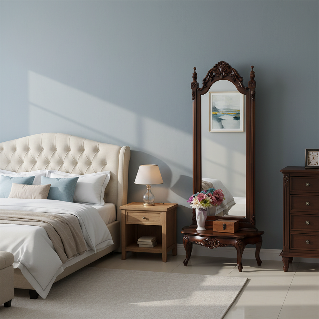 Traditional European Full-Length Mirror with Carved Catalpa Wood Frame, MDF Core and Tempered Glass – Elegant Rectangular Bedroom Accent