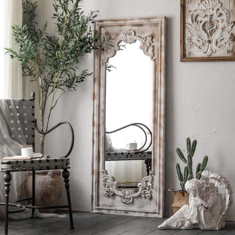 Elegant Traditional Vintage Rectangular Full-Length Mirror in Wabi-Sabi Fir Wood with Glass Accent for Entryways