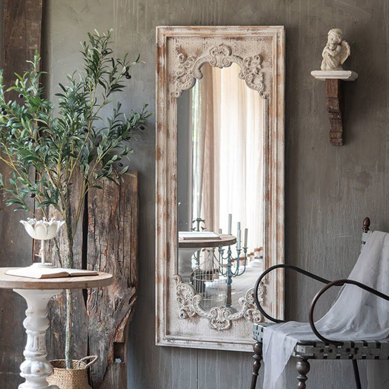 Elegant Traditional Vintage Rectangular Full-Length Mirror in Wabi-Sabi Fir Wood with Glass Accent for Entryways