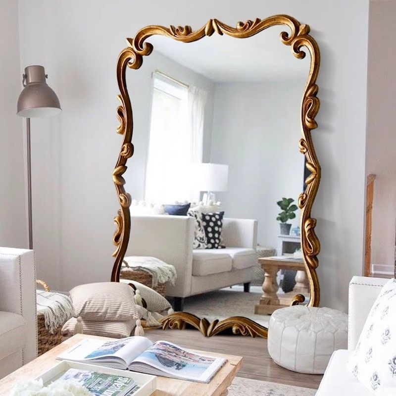 Traditional French-Style Magnificent Rectangular Full-Length Mirror with Carved Glass Panel Accent for Bedroom