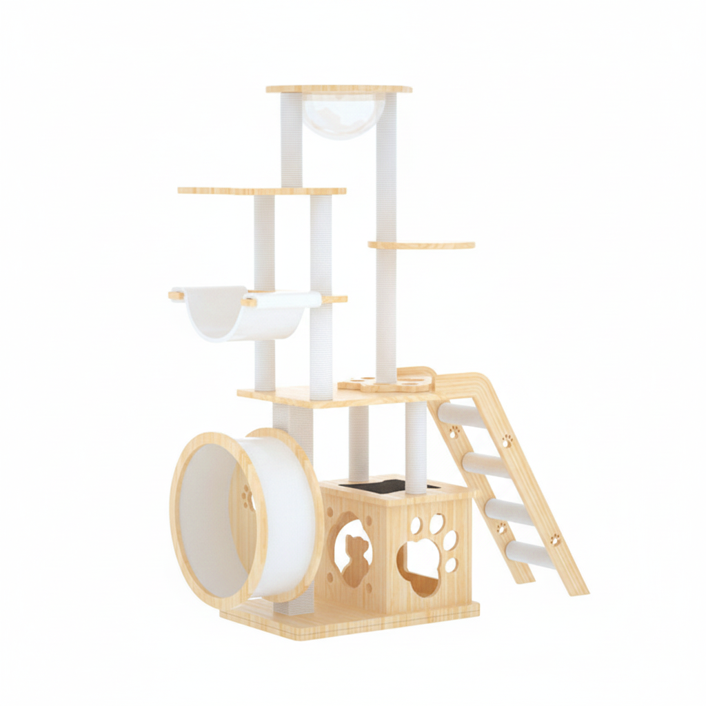 Modern Rectangular Solid Pine Wood Cat Tree with Acrylic Accents and Kraft Paper Rope — Multi-Level, Multi-Functional for Living Room