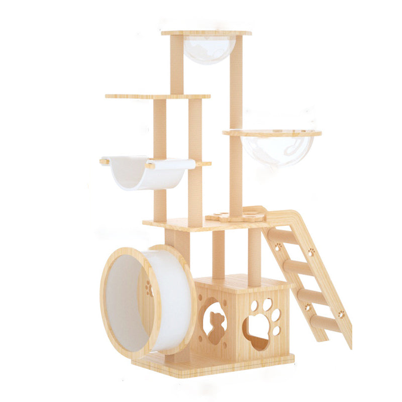 Modern Rectangular Solid Pine Wood Cat Tree with Acrylic Accents and Kraft Paper Rope — Multi-Level, Multi-Functional for Living Room