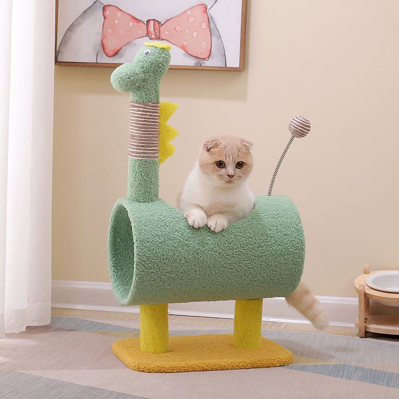 Modern Cylindrical Cat Tree with Chicken- and Dinosaur-Shaped Fabric Panels, Sisal-Wrapped Paper Tube, MDF Construction – Multi-Functional Bedroom Cat Furniture