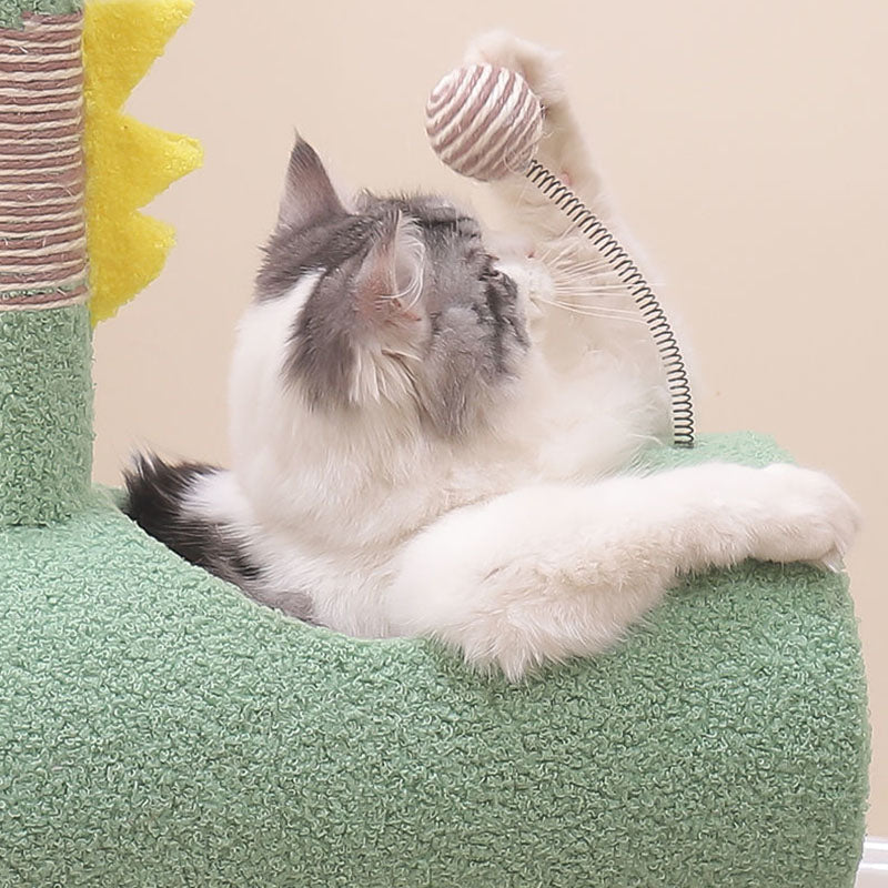 Modern Cylindrical Cat Tree with Chicken- and Dinosaur-Shaped Fabric Panels, Sisal-Wrapped Paper Tube, MDF Construction – Multi-Functional Bedroom Cat Furniture