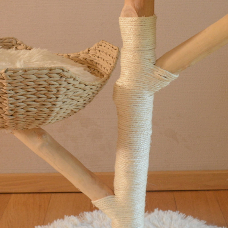 Contemporary Scandinavian Round Cloud-Shape Cat Tree in Natural Fruitwood MDF with Sisal and Velvet Fabric - Living Room Ready