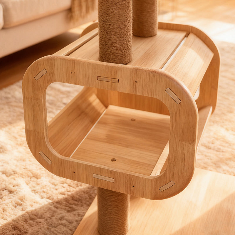 Modern Scandinavian Square Cat Tree with Multi-Layer Solid Wood Panels and Acrylic Fabric — Multi-Functional Living Room Centerpiece