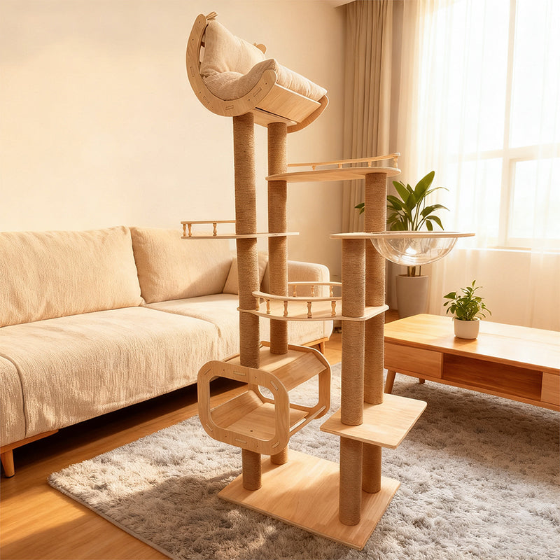 Modern Scandinavian Square Cat Tree with Multi-Layer Solid Wood Panels and Acrylic Fabric — Multi-Functional Living Room Centerpiece