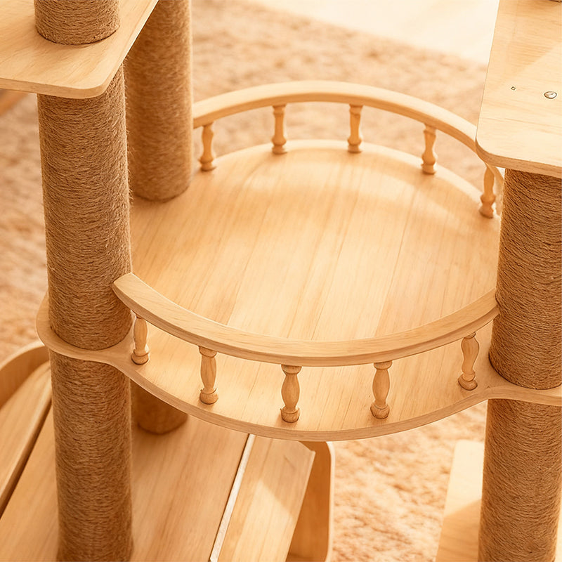 Modern Scandinavian Square Cat Tree with Multi-Layer Solid Wood Panels and Acrylic Fabric — Multi-Functional Living Room Centerpiece