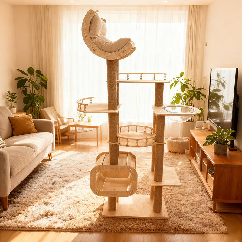 Modern Scandinavian Square Cat Tree with Multi-Layer Solid Wood Panels and Acrylic Fabric — Multi-Functional Living Room Centerpiece