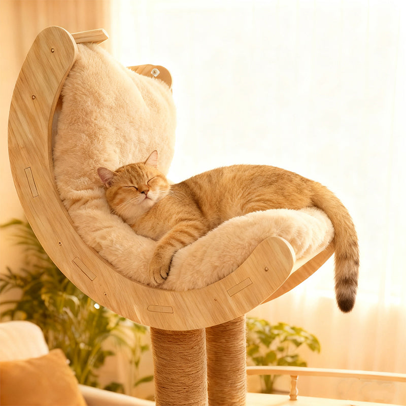 Modern Scandinavian Square Cat Tree with Multi-Layer Solid Wood Panels and Acrylic Fabric — Multi-Functional Living Room Centerpiece