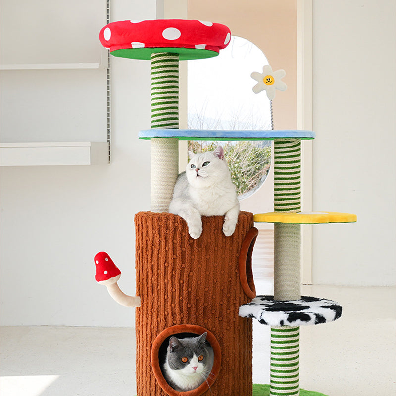 Contemporary Round Mushroom-Shaped PVC Cat Tree Panel – 3/4-Tier, Sisal and Velvet Fabric, Fairy Forest Style for Living Room