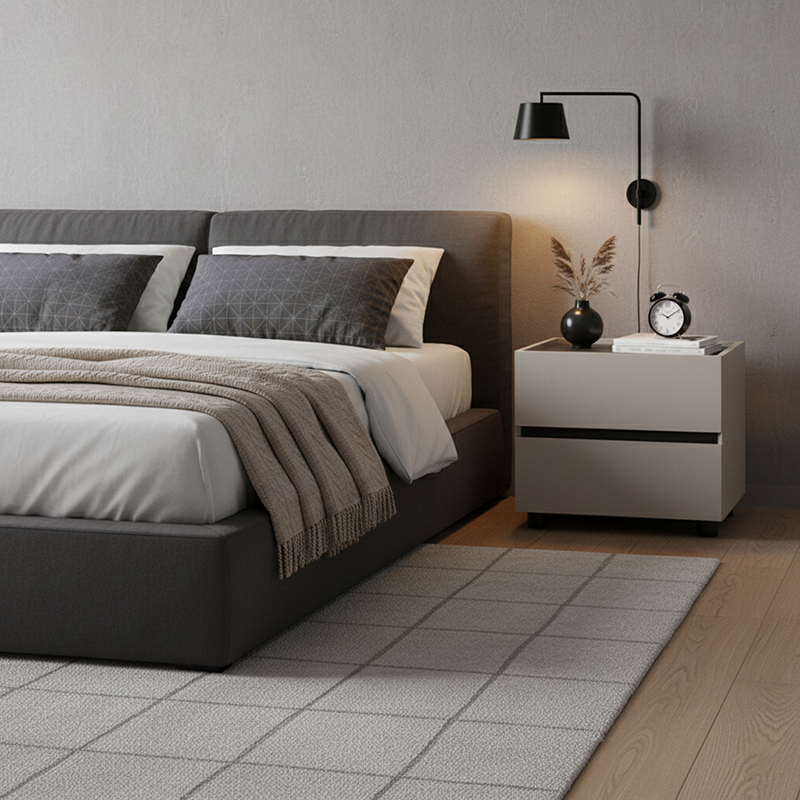 Sleek Modern Minimalist Nightstand with Dual Drawers — Light-Luxury Greige Neutral Bedside Storage Table for the Bedroom