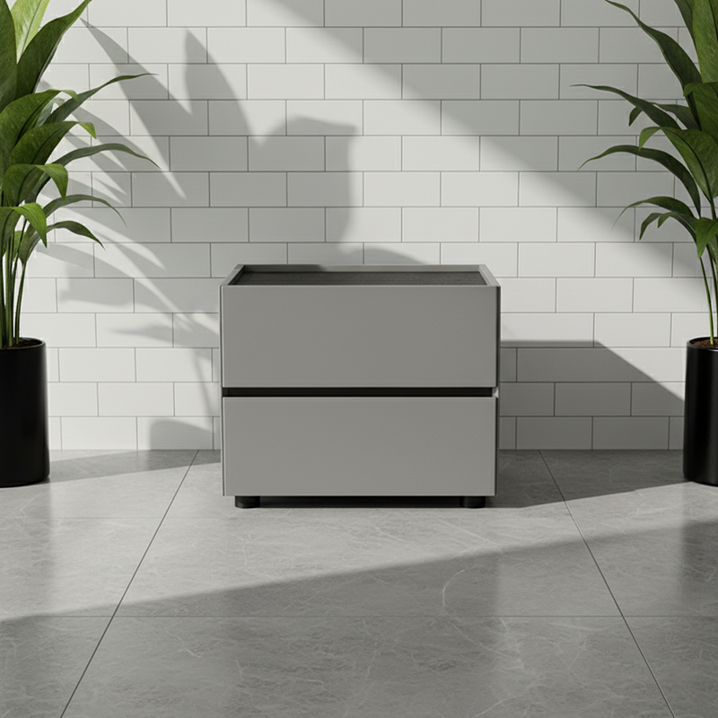 Sleek Modern Minimalist Nightstand with Dual Drawers — Light-Luxury Greige Neutral Bedside Storage Table for the Bedroom