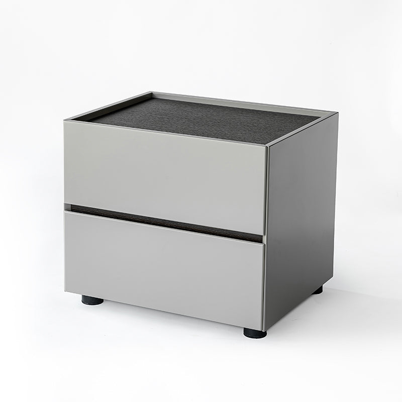 Sleek Modern Minimalist Nightstand with Dual Drawers — Light-Luxury Greige Neutral Bedside Storage Table for the Bedroom