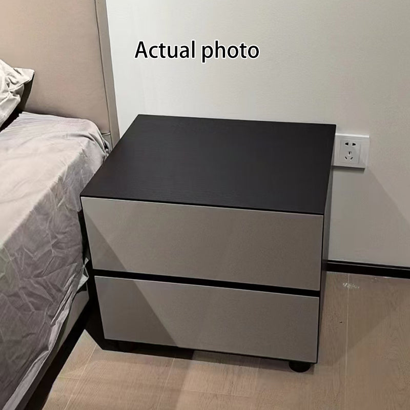 Dark-Tone Modern Minimalist Nightstand with Symmetrical Dual Drawers – Lacquered Finish Bedside Table for the Bedroom