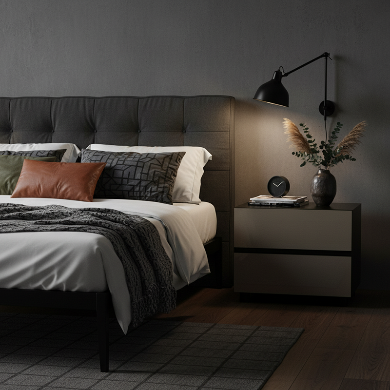 Dark-Tone Modern Minimalist Nightstand with Symmetrical Dual Drawers – Lacquered Finish Bedside Table for the Bedroom
