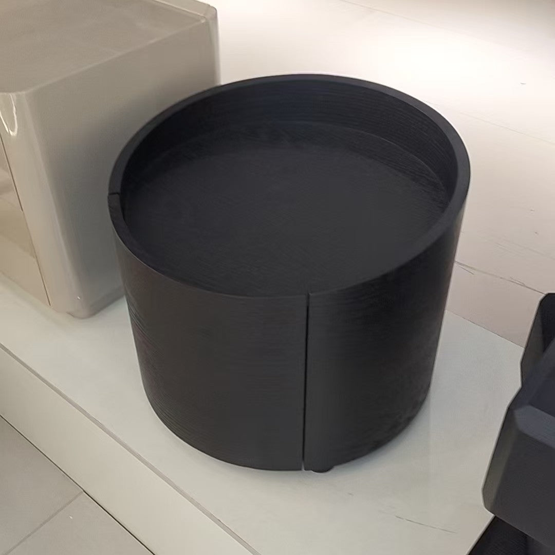Sleek Modern Round Nightstand with One Drawer – Off-White/Black Curved Bedside Storage Table for Bedroom