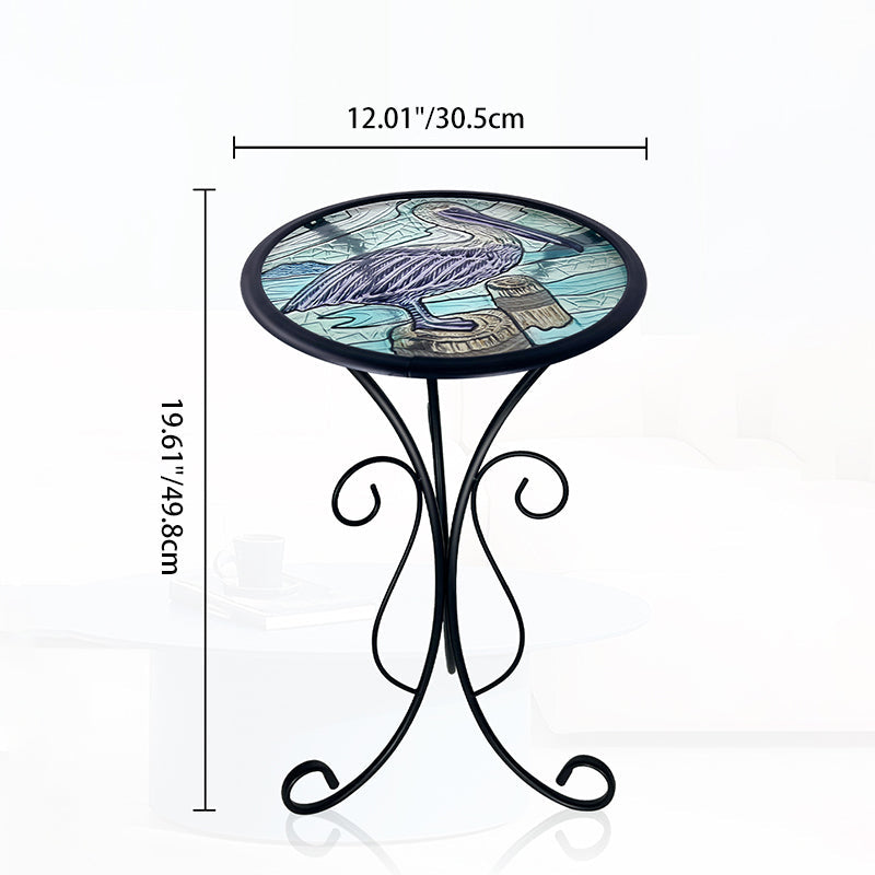 Traditional European Round Iron Side Table with Heat-Sealed Glass Top for Outdoor Patio & Living Room