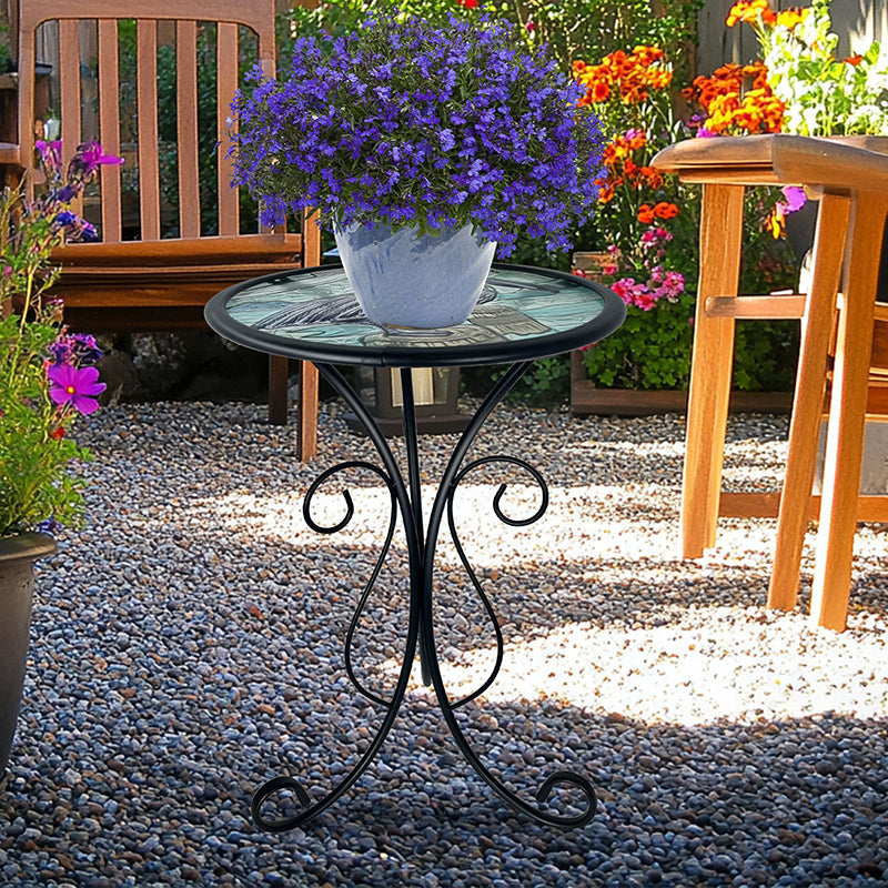 Traditional European Round Iron Side Table with Heat-Sealed Glass Top for Outdoor Patio & Living Room