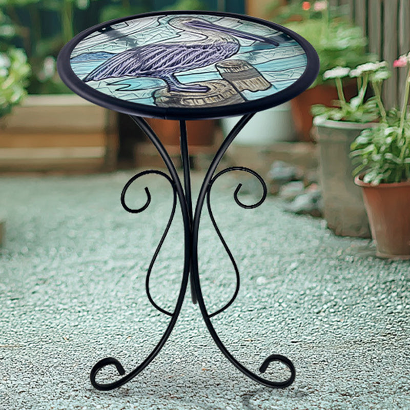 Traditional European Round Iron Side Table with Heat-Sealed Glass Top for Outdoor Patio & Living Room