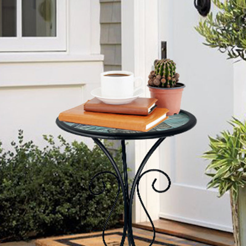 Traditional European Round Iron Side Table with Heat-Sealed Glass Top for Outdoor Patio & Living Room