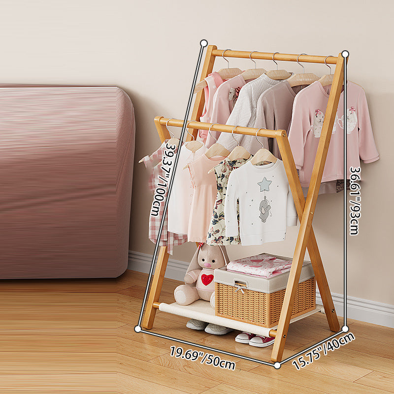 Modern Scandinavian Rectangular X-Shaped Natural Nan Bamboo Foldable Kids Hall Tree, 3-Tier Storage for Bedroom