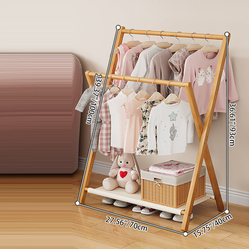 Modern Scandinavian Rectangular X-Shaped Natural Nan Bamboo Foldable Kids Hall Tree, 3-Tier Storage for Bedroom