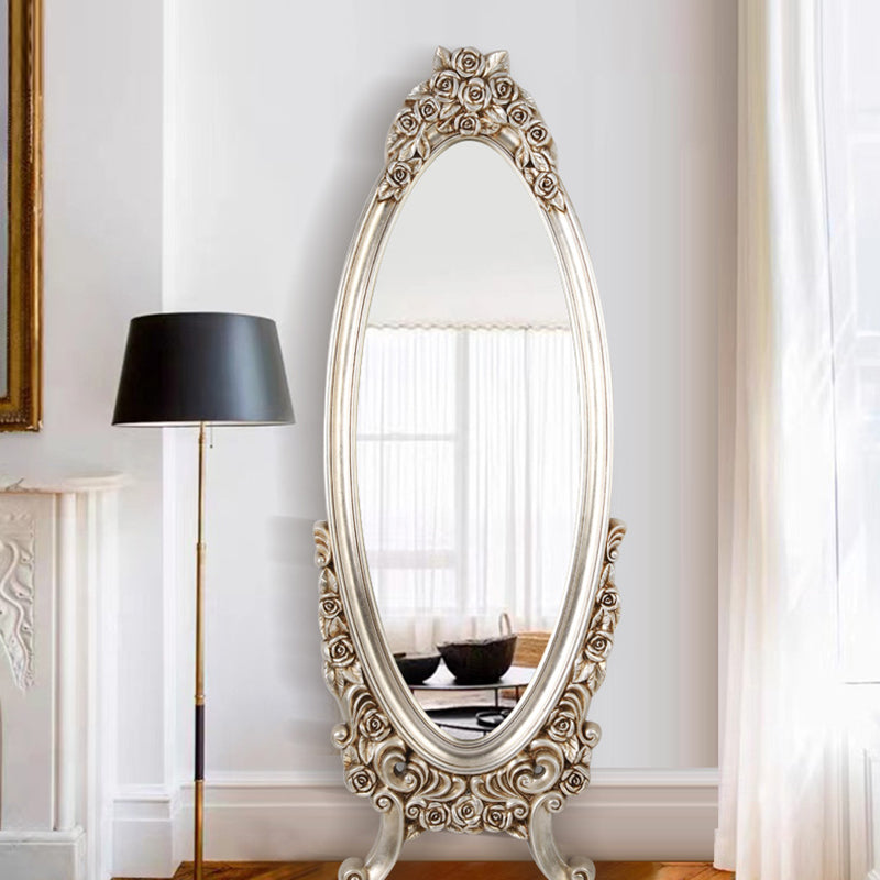Traditional European Oval Full-Length Mirror with PU Faux-Wood Frame and Float Glass – Perfect for the Bedroom