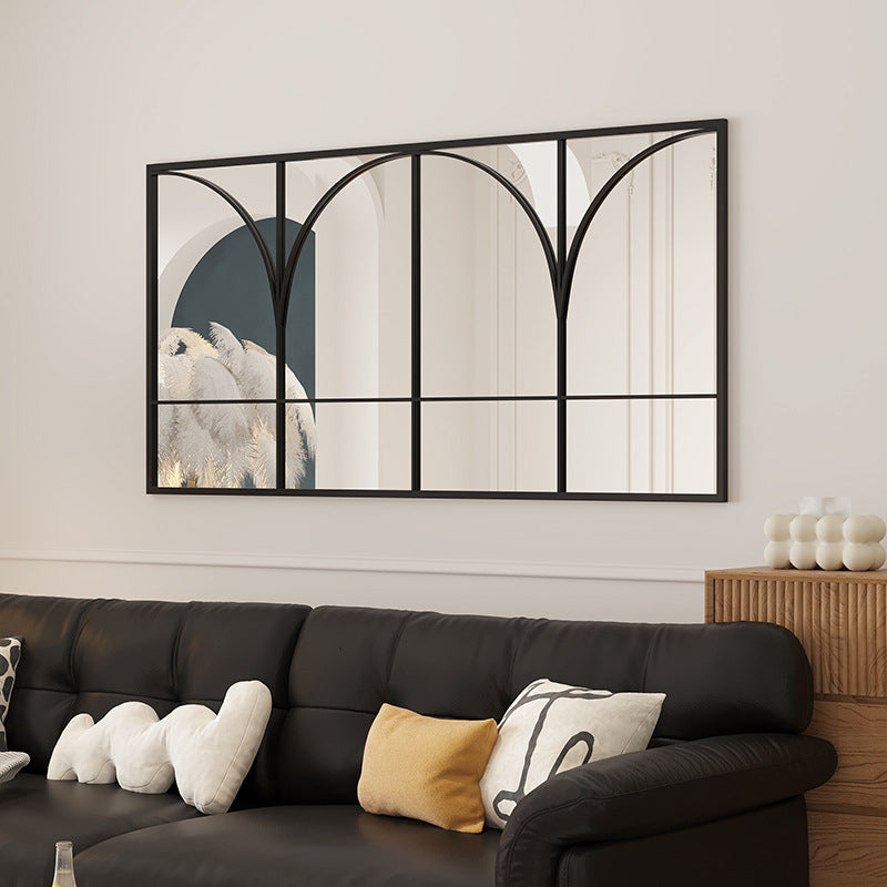 Traditional French Rectangular Iron-Trimmed Tempered-Glass Wall Mirror for Living Room – Elegant Decorative Accent