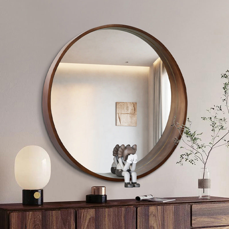 Contemporary Scandinavian Round Solid Pine Wood Wall Mirror with Float Glass for Bedroom