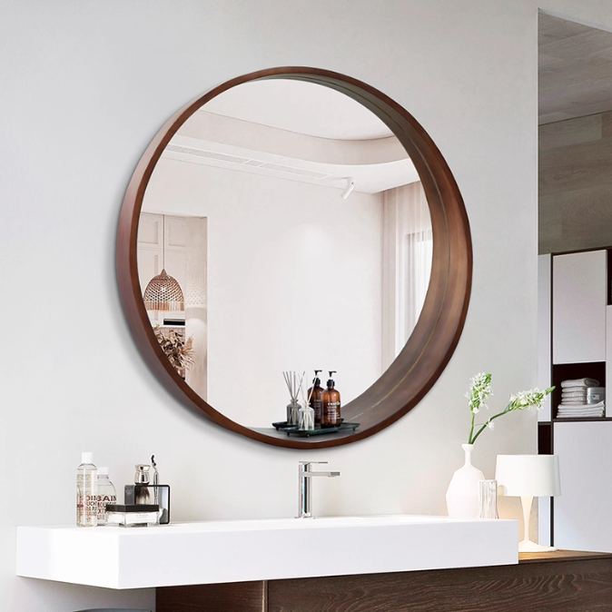 Contemporary Scandinavian Round Solid Pine Wood Wall Mirror with Float Glass for Bedroom