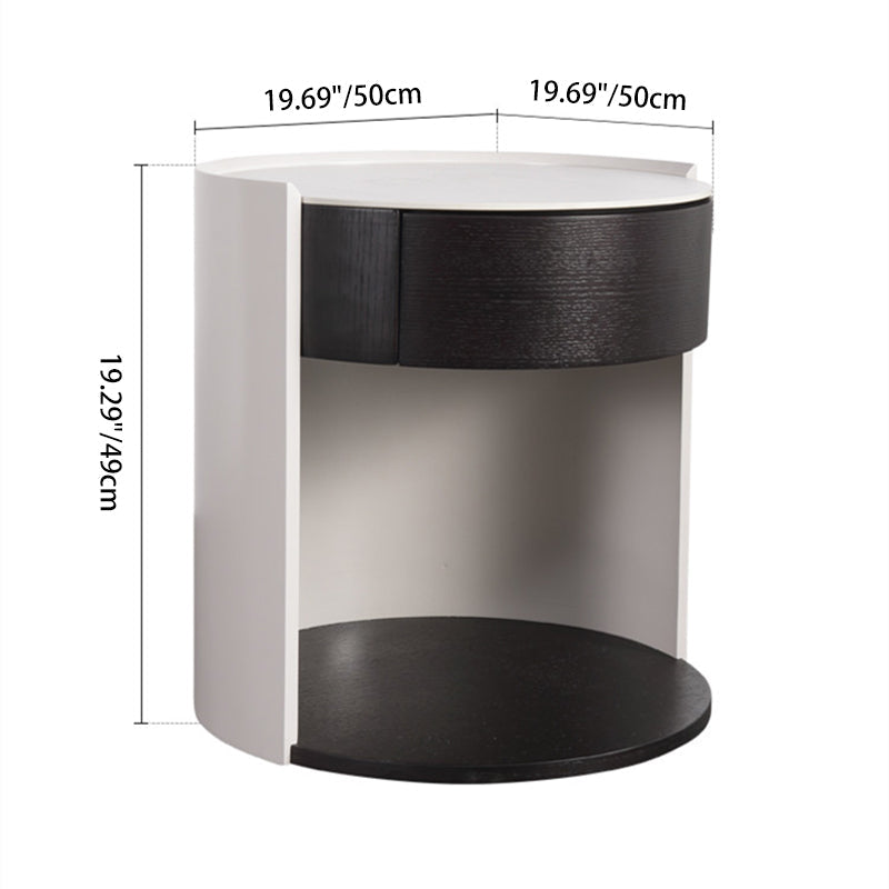 Modern Luxury Round Veneered Nightstand with Solid Wood Texture – Curved Bedside Table with One Drawer for Bedroom