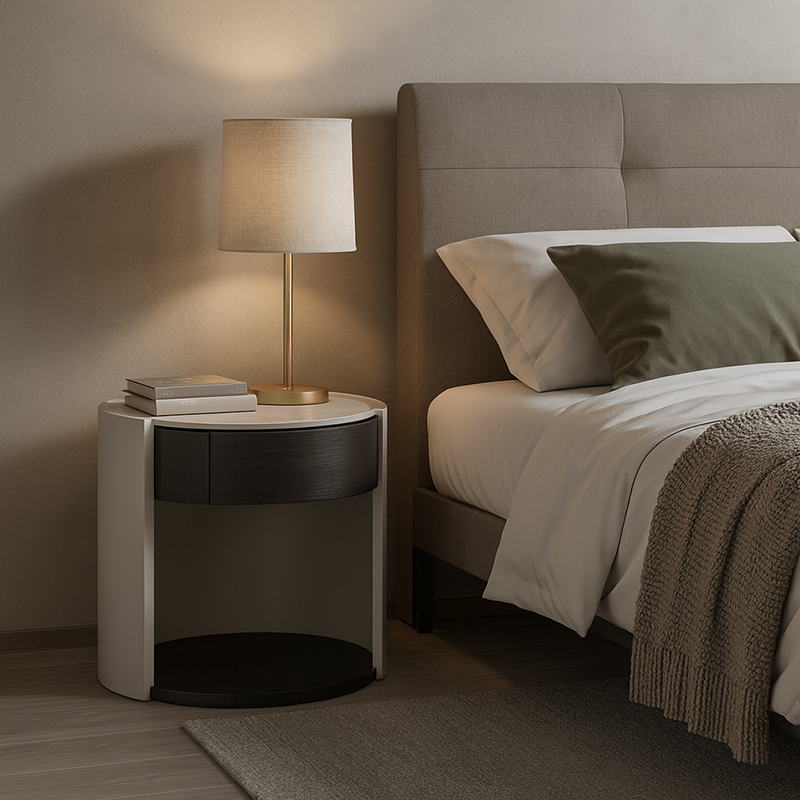 Modern Luxury Round Veneered Nightstand with Solid Wood Texture – Curved Bedside Table with One Drawer for Bedroom
