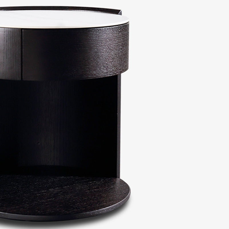 Modern Luxury Round Veneered Nightstand with Solid Wood Texture – Curved Bedside Table with One Drawer for Bedroom