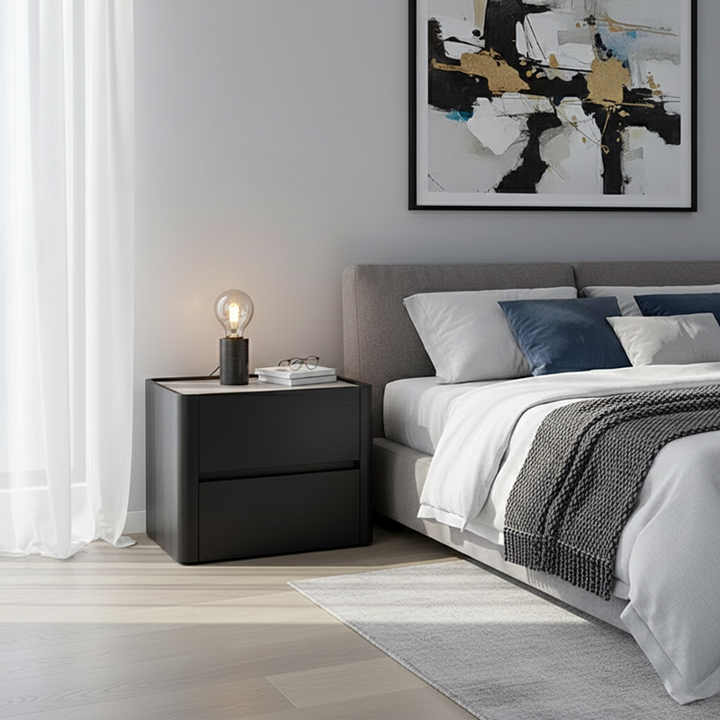 Modern Black Minimalist Two-Drawer Nightstand – Sleek Rectangular Bedside Table with Efficient Bedroom Storage