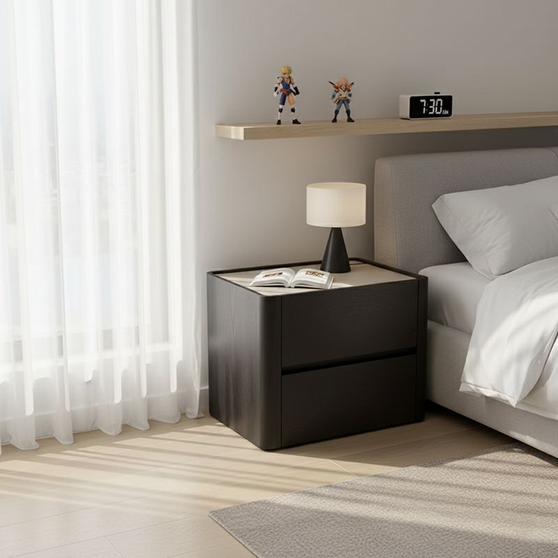 Modern Black Minimalist Two-Drawer Nightstand – Sleek Rectangular Bedside Table with Efficient Bedroom Storage