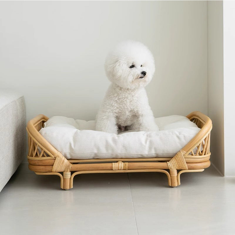 Traditional Farmhouse Rectangular Cat Bed with Handwoven Indonesian Rattan Fabric, Perfect for the Bedroom
