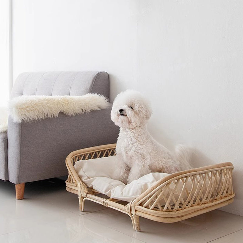 Traditional Farmhouse Rectangular Cat Bed with Handwoven Indonesian Rattan Fabric, Perfect for the Bedroom