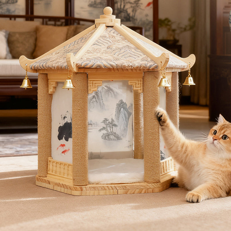 Traditional Chinese Hexagonal Solid Pine Cat Tree with Fabric & Sisal — Pavilion Design for Bedroom & Living Room