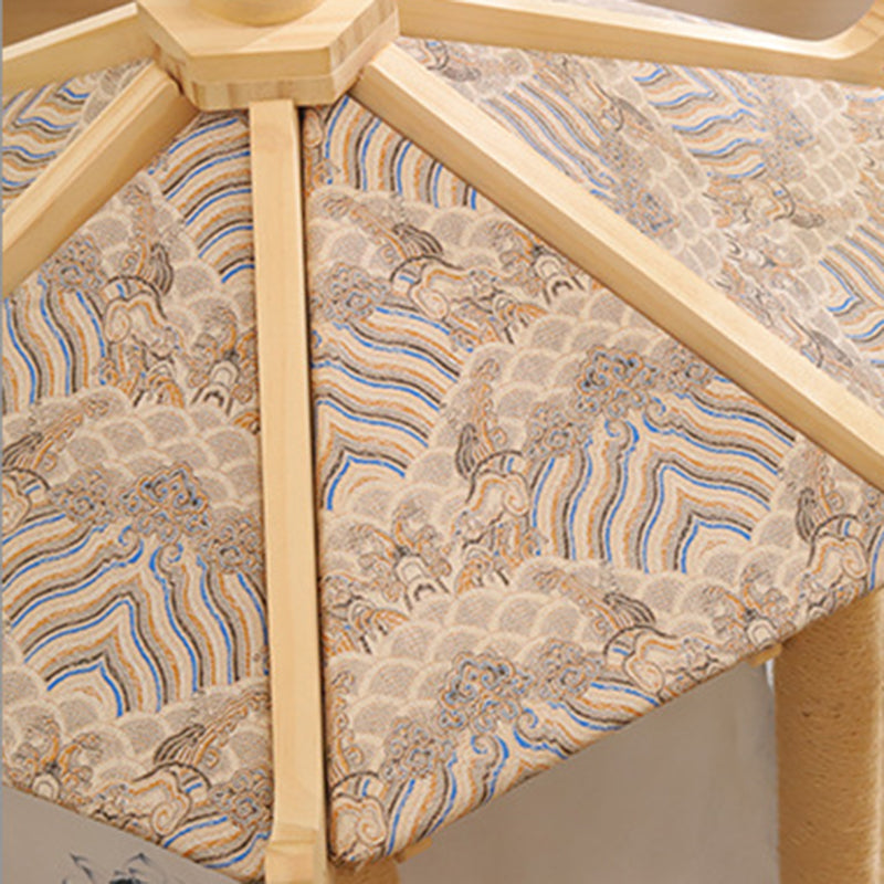 Traditional Chinese Hexagonal Solid Pine Cat Tree with Fabric & Sisal — Pavilion Design for Bedroom & Living Room