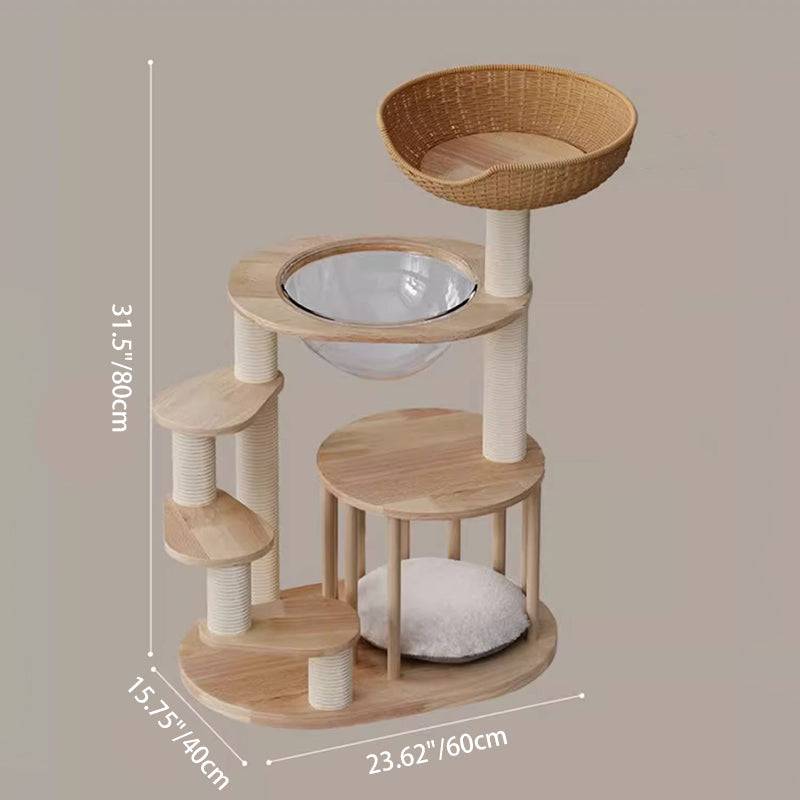 Contemporary Scandinavian Round Rubberwood Cat Tree, 4-Tier Solid Wood with Acrylic-Kraft Paper Rope for Living Room