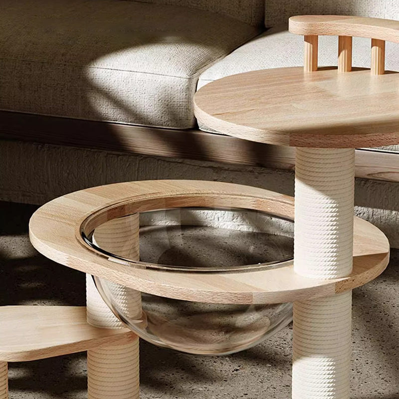 Contemporary Scandinavian Round Rubberwood Cat Tree, 4-Tier Solid Wood with Acrylic-Kraft Paper Rope for Living Room