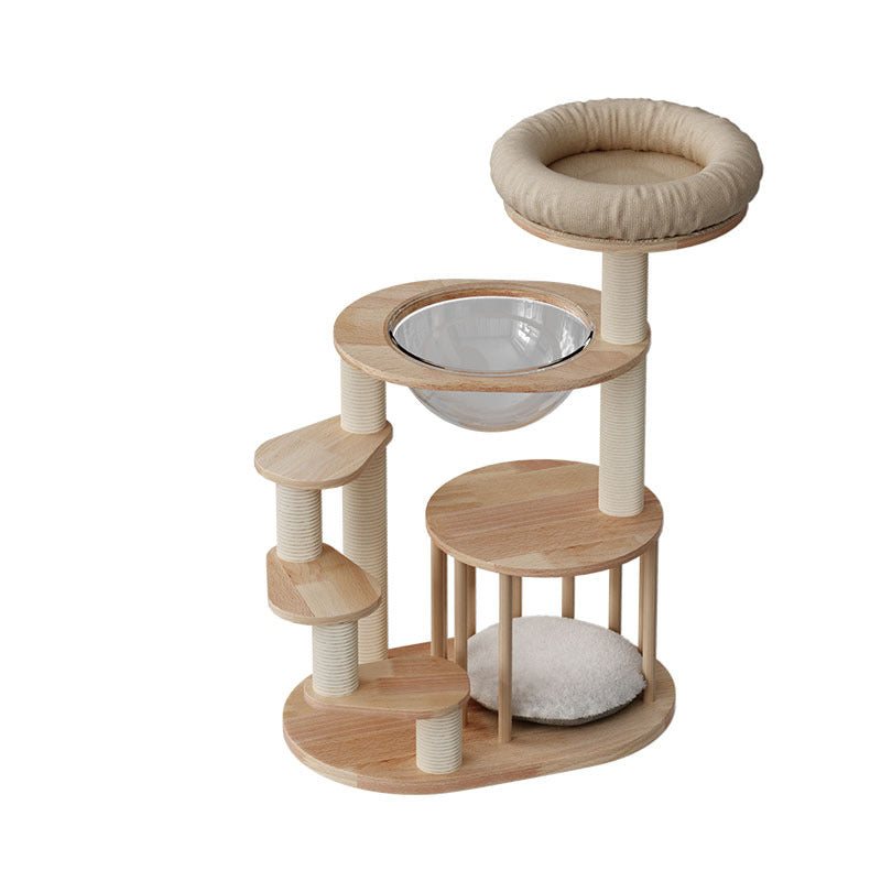 Contemporary Scandinavian Round Rubberwood Cat Tree, 4-Tier Solid Wood with Acrylic-Kraft Paper Rope for Living Room