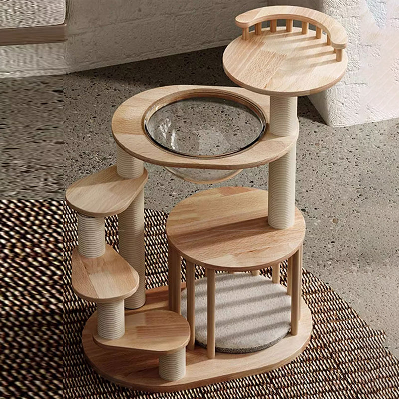 Contemporary Scandinavian Round Rubberwood Cat Tree, 4-Tier Solid Wood with Acrylic-Kraft Paper Rope for Living Room