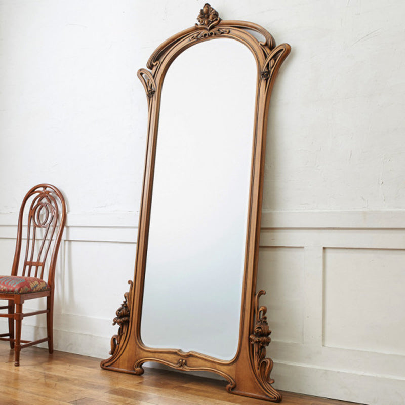 Traditional European Rectangular MDF Full-Length Mirror with Carved Details and Silver Finish for Living Room Decor